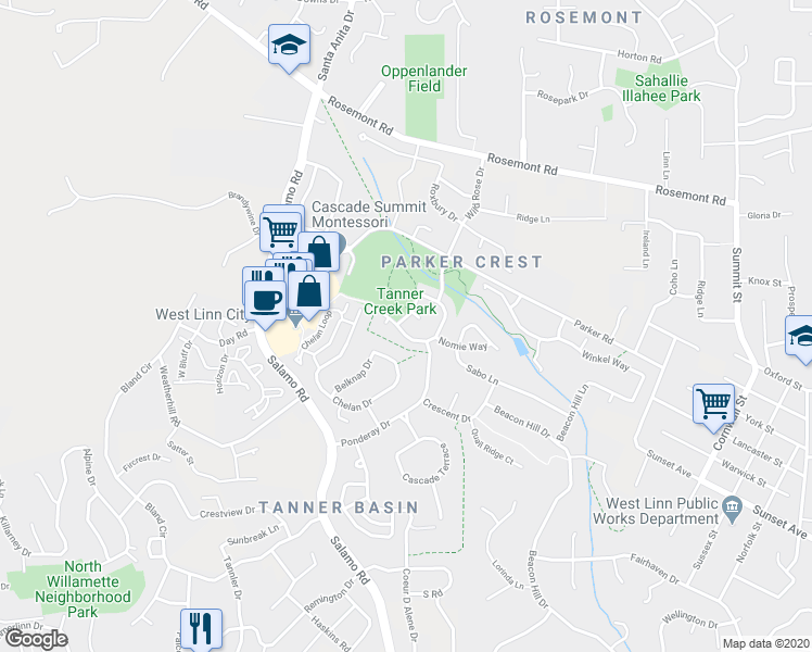map of restaurants, bars, coffee shops, grocery stores, and more near 3249 Wild Rose Loop in West Linn