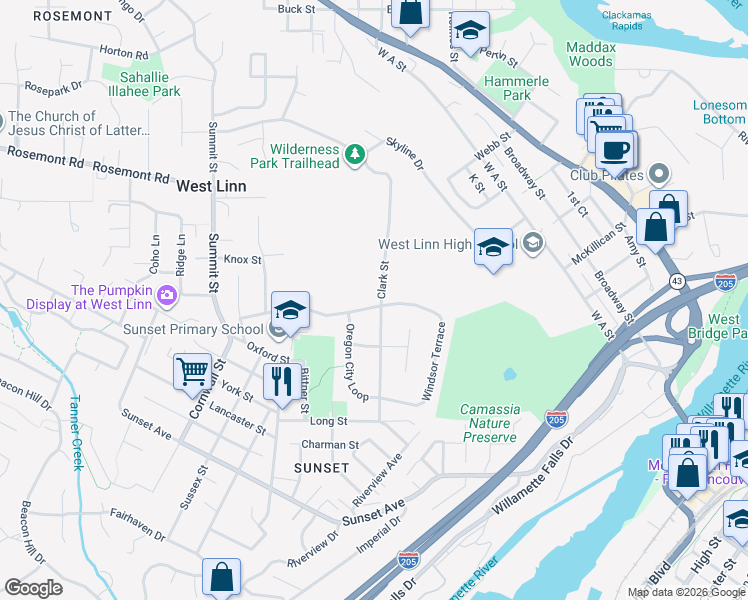 map of restaurants, bars, coffee shops, grocery stores, and more near 2431 Oregon City Boulevard in West Linn