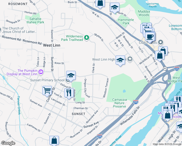map of restaurants, bars, coffee shops, grocery stores, and more near 2431 Oregon City Boulevard in West Linn