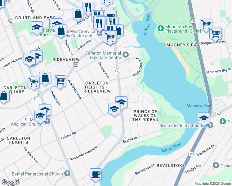 map of restaurants, bars, coffee shops, grocery stores, and more near 1596 Prince of Wales Drive in Ottawa