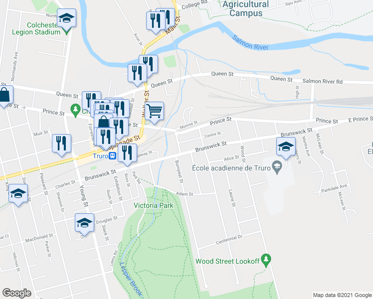 map of restaurants, bars, coffee shops, grocery stores, and more near 157 Brunswick Street in Truro
