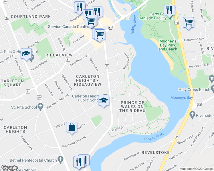 map of restaurants, bars, coffee shops, grocery stores, and more near 1596 Prince of Wales Drive in Ottawa