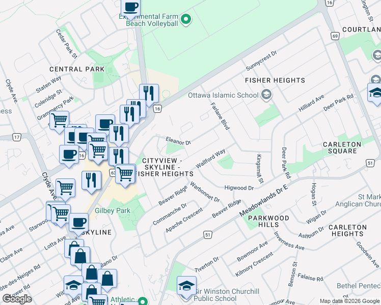 map of restaurants, bars, coffee shops, grocery stores, and more near in Ottawa
