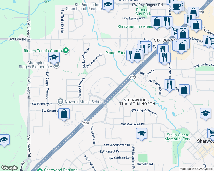 map of restaurants, bars, coffee shops, grocery stores, and more near 21681 Cedar Brook Way in Sherwood