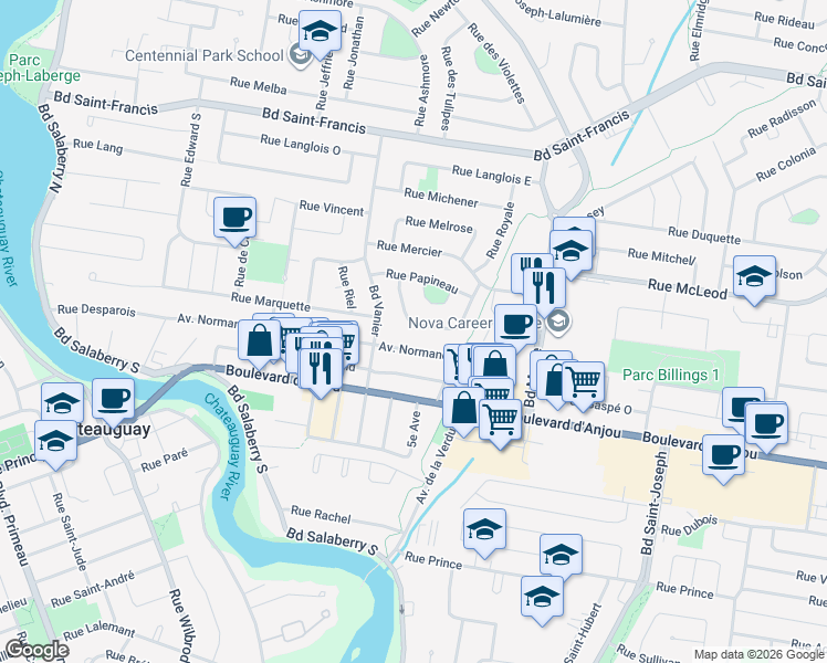 map of restaurants, bars, coffee shops, grocery stores, and more near 72 Rue Daniel in Châteauguay