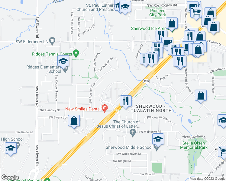 map of restaurants, bars, coffee shops, grocery stores, and more near 21686 Southwest Berkshire Terrace in Sherwood