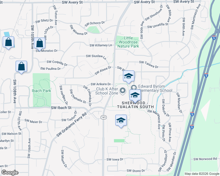 map of restaurants, bars, coffee shops, grocery stores, and more near 21755 Southwest Boones Ferry Road in Tualatin