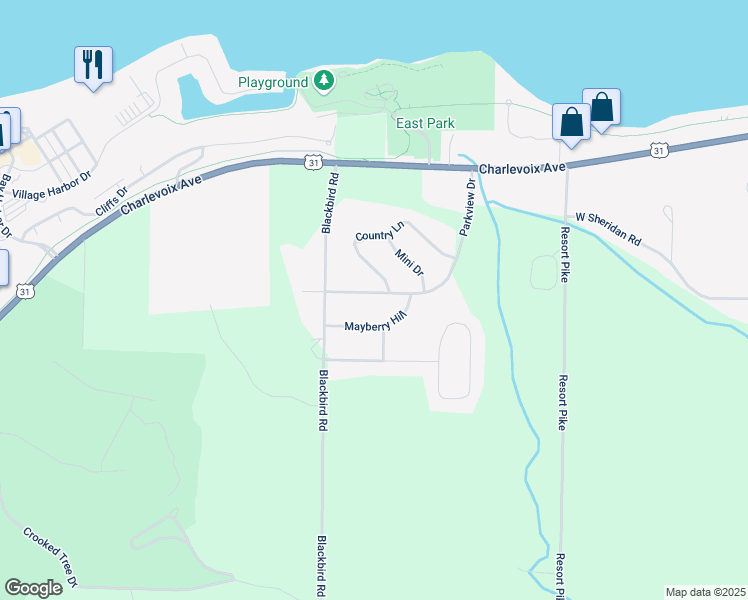 map of restaurants, bars, coffee shops, grocery stores, and more near 3129 Parkview Drive in Petoskey