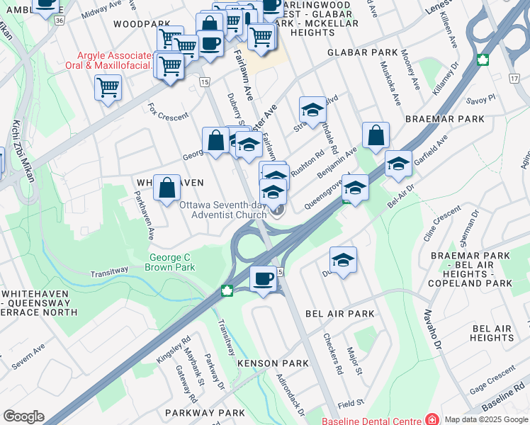 map of restaurants, bars, coffee shops, grocery stores, and more near in Ottawa