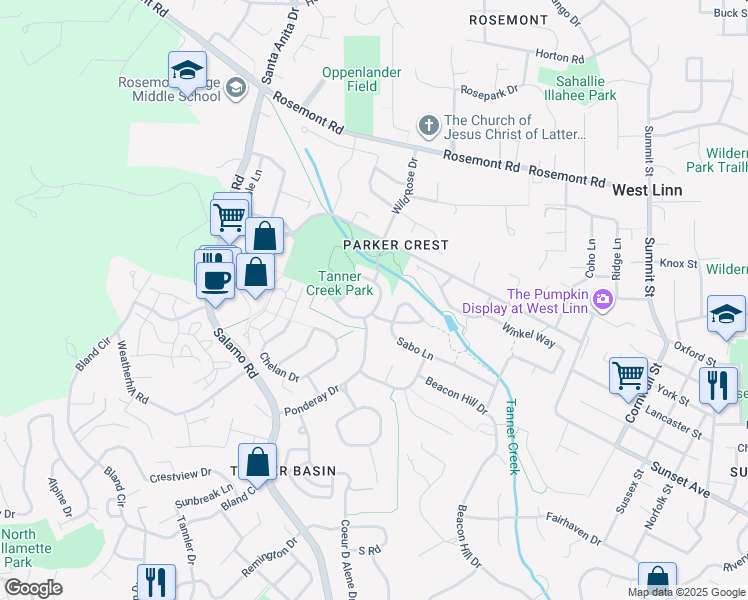 map of restaurants, bars, coffee shops, grocery stores, and more near 3657 Wild Rose Loop in West Linn
