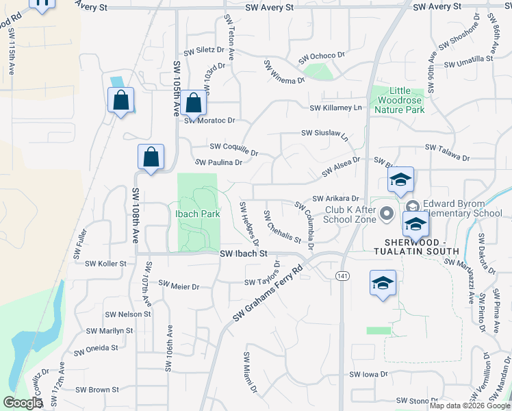 map of restaurants, bars, coffee shops, grocery stores, and more near 21614 Southwest Chehalis Street in Tualatin