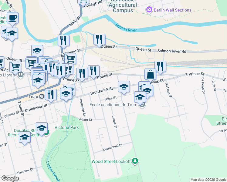 map of restaurants, bars, coffee shops, grocery stores, and more near 222 Brunswick Street in Truro