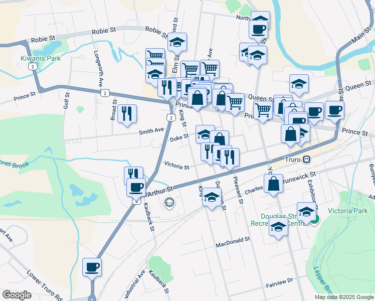 map of restaurants, bars, coffee shops, grocery stores, and more near 68 King Street in Truro