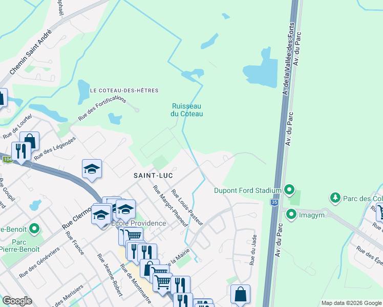 map of restaurants, bars, coffee shops, grocery stores, and more near 383 Rue des Échevins in Saint-Jean-sur-Richelieu