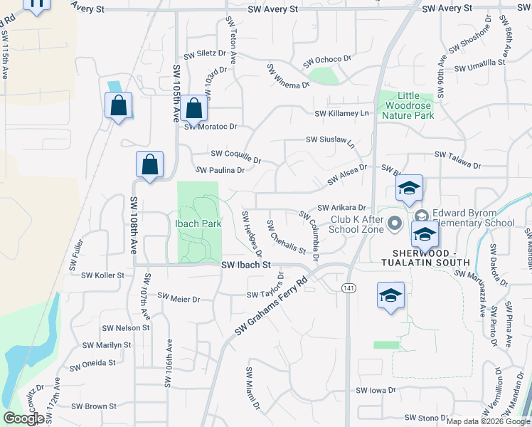 map of restaurants, bars, coffee shops, grocery stores, and more near 21614 Southwest Chehalis Street in Tualatin
