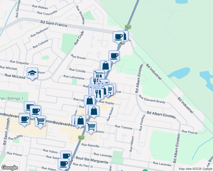 map of restaurants, bars, coffee shops, grocery stores, and more near 66 Boulevard Saint-Jean-Baptiste in Châteauguay