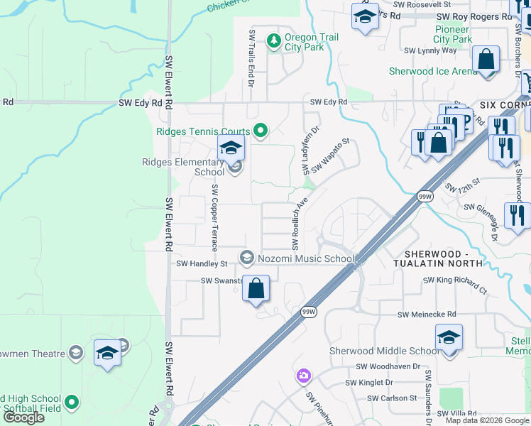 map of restaurants, bars, coffee shops, grocery stores, and more near 17993 Southwest Reisner Lane in Sherwood