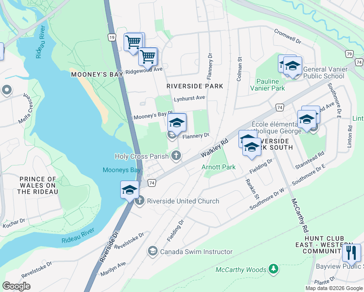 map of restaurants, bars, coffee shops, grocery stores, and more near 2827 Springland Drive in Ottawa