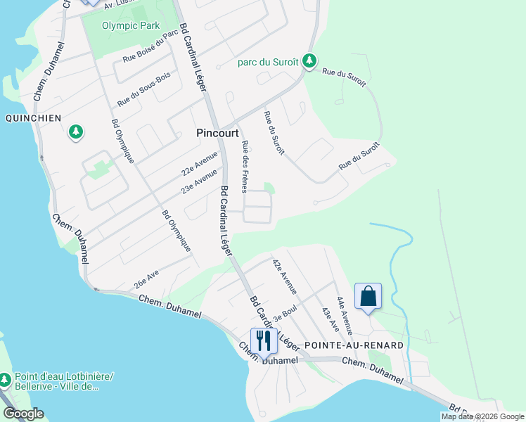 map of restaurants, bars, coffee shops, grocery stores, and more near 208 Rue des Mélèzes in Pincourt