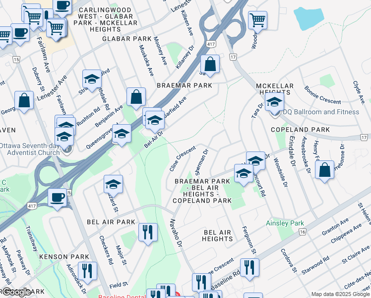 map of restaurants, bars, coffee shops, grocery stores, and more near 1136 Cline Crescent in Ottawa