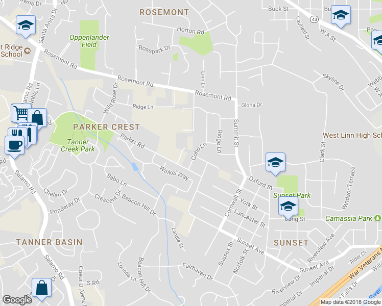 map of restaurants, bars, coffee shops, grocery stores, and more near 4740 Coho Lane in West Linn