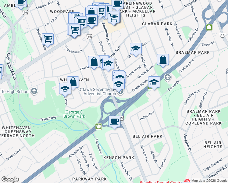 map of restaurants, bars, coffee shops, grocery stores, and more near 101 Amaya Private in Ottawa