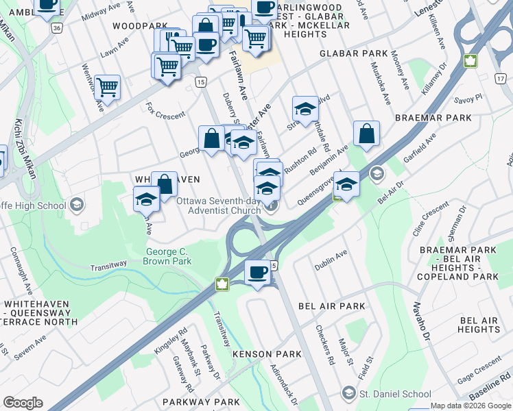 map of restaurants, bars, coffee shops, grocery stores, and more near 975 Woodroffe Avenue in Ottawa