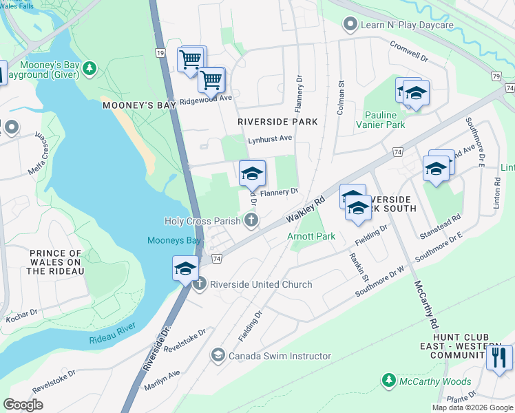 map of restaurants, bars, coffee shops, grocery stores, and more near 2825 Springland Drive in Ottawa