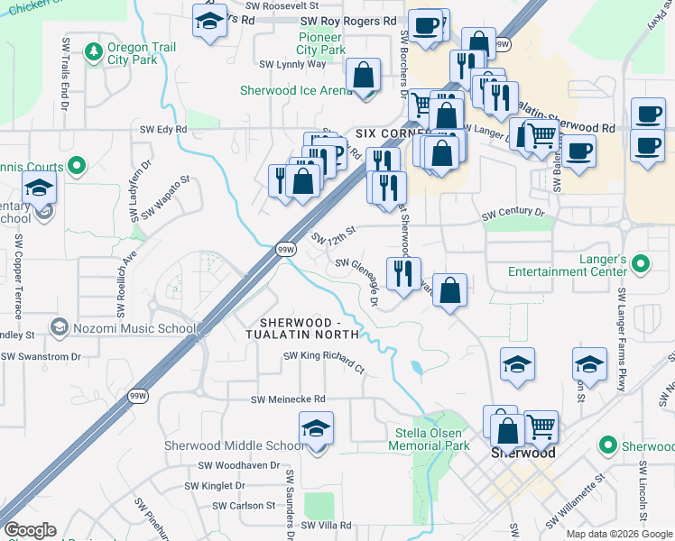 map of restaurants, bars, coffee shops, grocery stores, and more near 16738 Southwest Gleneagle Drive in Sherwood