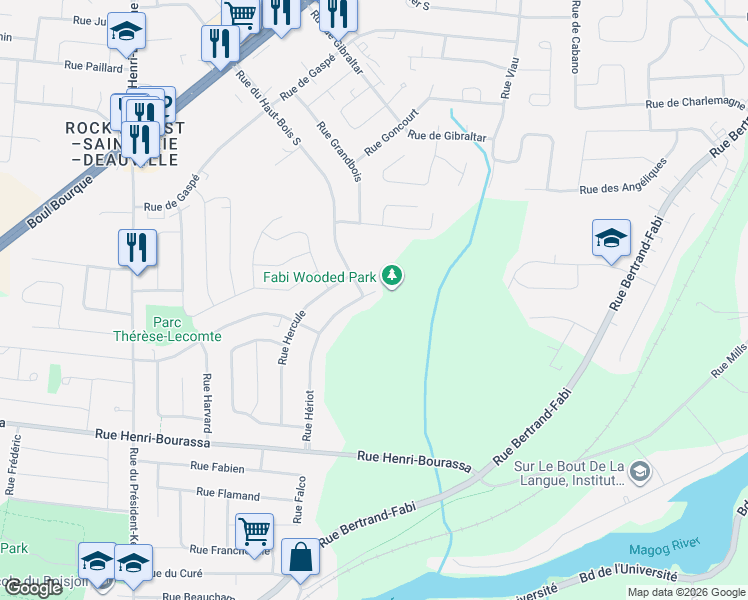 map of restaurants, bars, coffee shops, grocery stores, and more near 5418 Rue Hériot in Sherbrooke