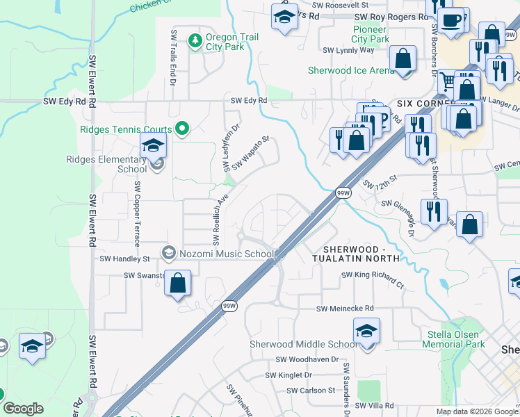 map of restaurants, bars, coffee shops, grocery stores, and more near 21873 Southwest Cedar Brook Way in Sherwood