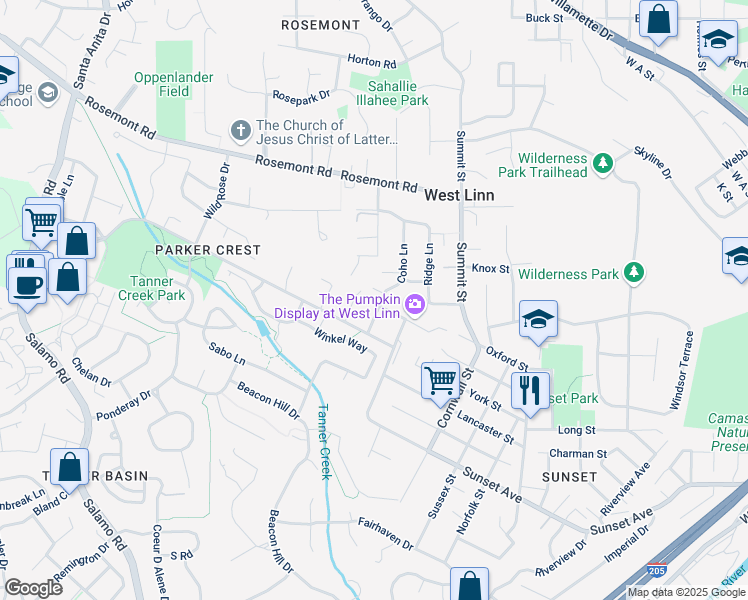 map of restaurants, bars, coffee shops, grocery stores, and more near 4740 Coho Lane in West Linn