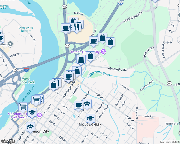 map of restaurants, bars, coffee shops, grocery stores, and more near 1624 John Adams Street in Oregon City