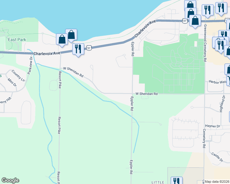 map of restaurants, bars, coffee shops, grocery stores, and more near 2200-2382 West Sheridan Road in Petoskey