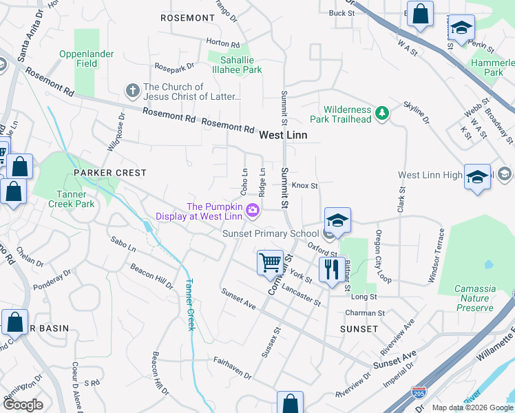 map of restaurants, bars, coffee shops, grocery stores, and more near 4775 Coho Lane in West Linn