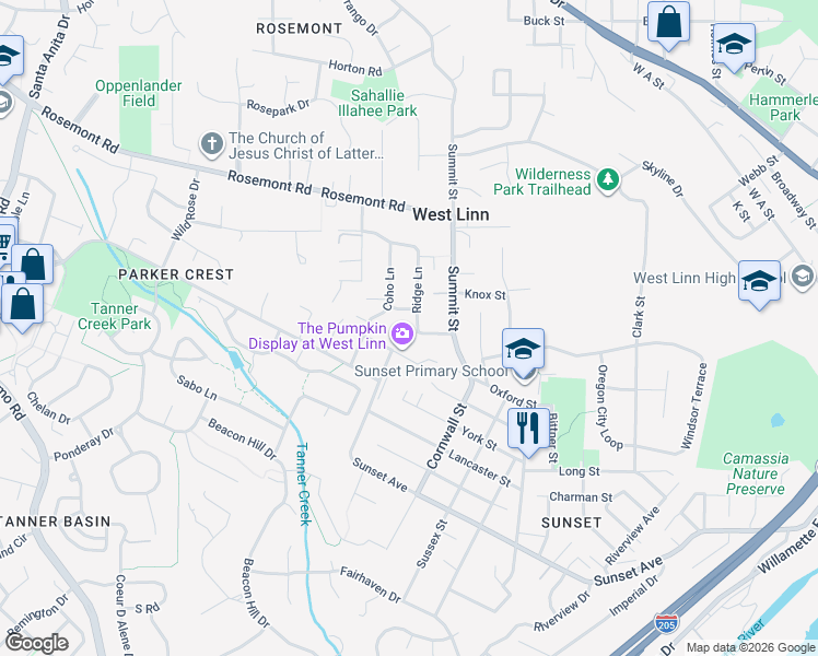 map of restaurants, bars, coffee shops, grocery stores, and more near 4775 Coho Lane in West Linn