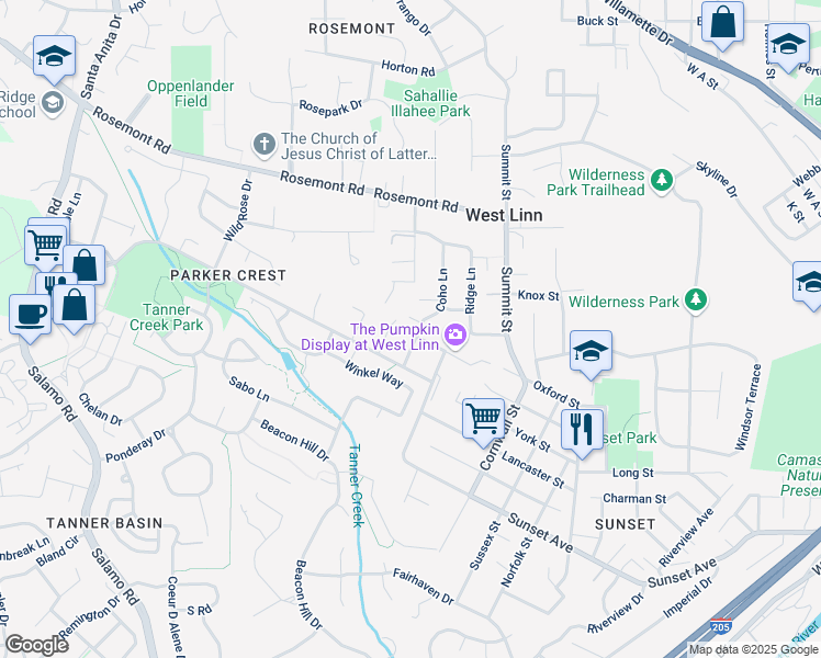map of restaurants, bars, coffee shops, grocery stores, and more near 4740 Coho Lane in West Linn