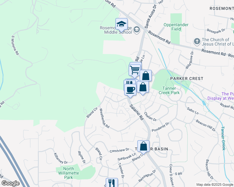 map of restaurants, bars, coffee shops, grocery stores, and more near 75 Horizon Drive in West Linn