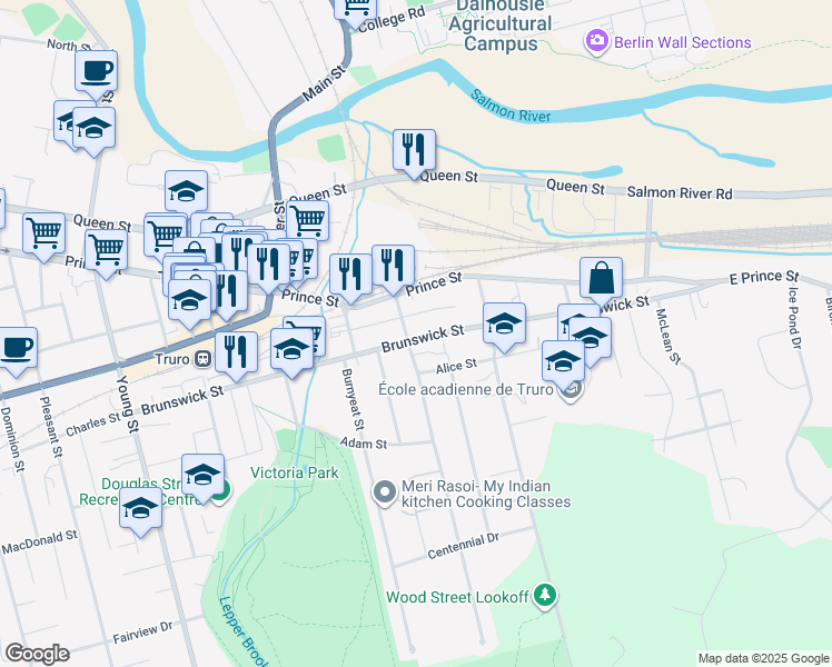 map of restaurants, bars, coffee shops, grocery stores, and more near 191 Brunswick Street in Truro