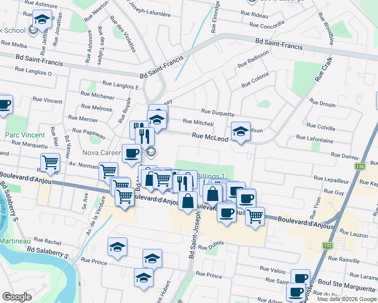 map of restaurants, bars, coffee shops, grocery stores, and more near 260 Rue Fairmount Ouest in Châteauguay