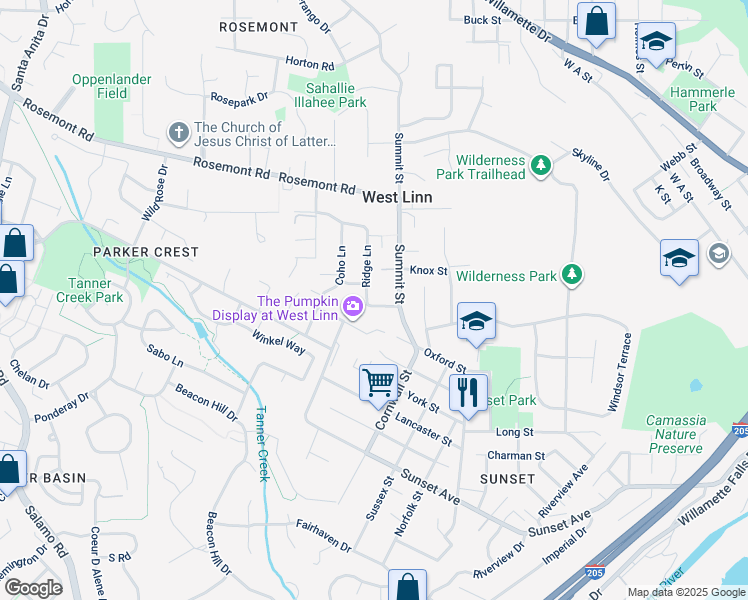 map of restaurants, bars, coffee shops, grocery stores, and more near 2721 Ridge Lane in West Linn