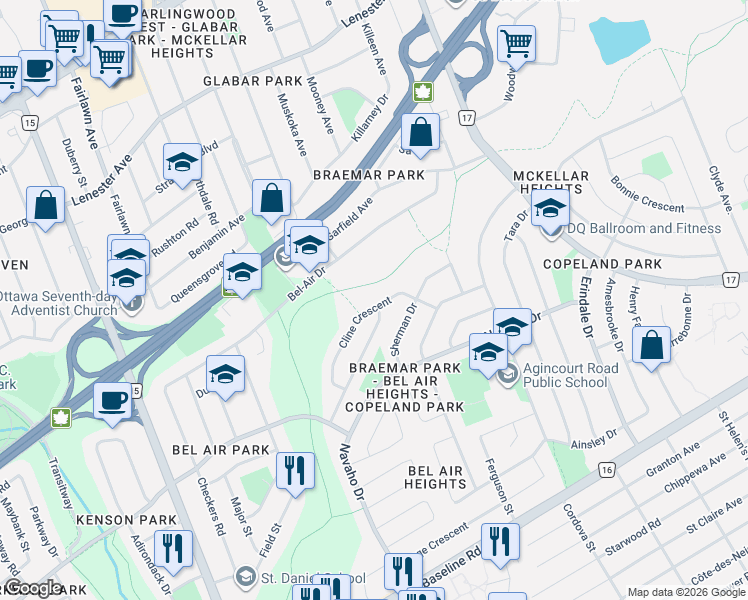 map of restaurants, bars, coffee shops, grocery stores, and more near 1132 Cline Crescent in Ottawa
