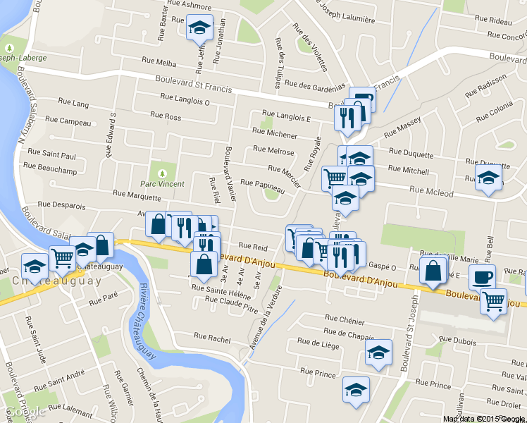 map of restaurants, bars, coffee shops, grocery stores, and more near 71 Rue Daniel in Châteauguay