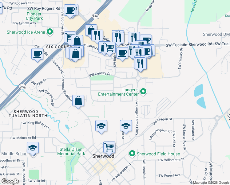 map of restaurants, bars, coffee shops, grocery stores, and more near 15793 Southwest Whetstone Way in Sherwood