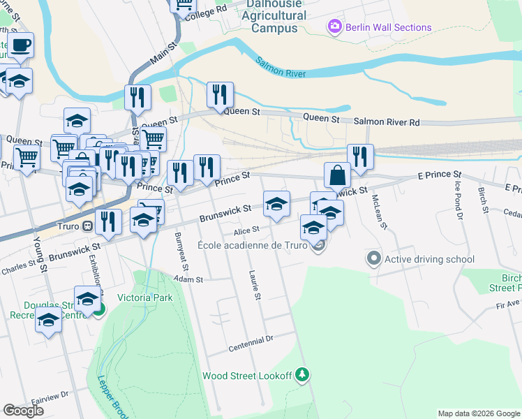 map of restaurants, bars, coffee shops, grocery stores, and more near 232 Brunswick Street in Truro