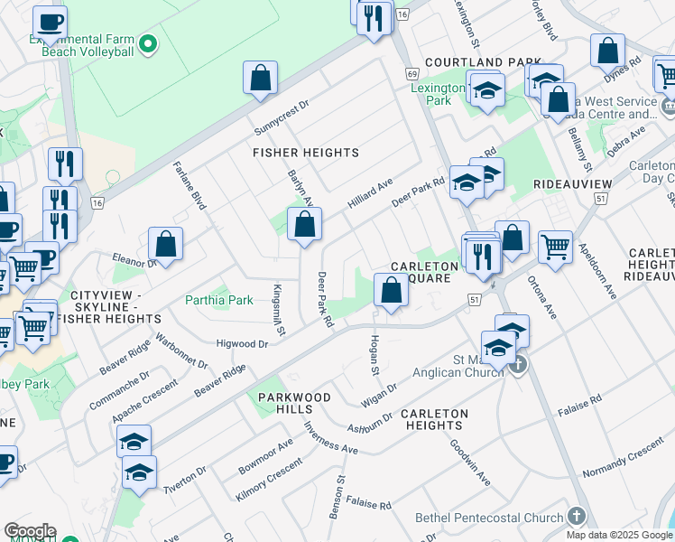 map of restaurants, bars, coffee shops, grocery stores, and more near 13 Greenwich Avenue in Ottawa