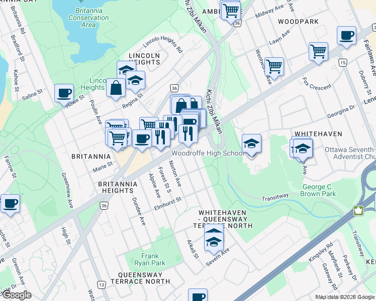 map of restaurants, bars, coffee shops, grocery stores, and more near 810 Connaught Avenue in Ottawa