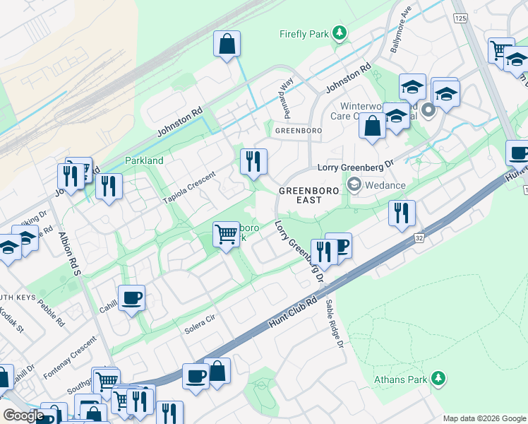 map of restaurants, bars, coffee shops, grocery stores, and more near 363 Lorry Greenberg Drive in Ottawa