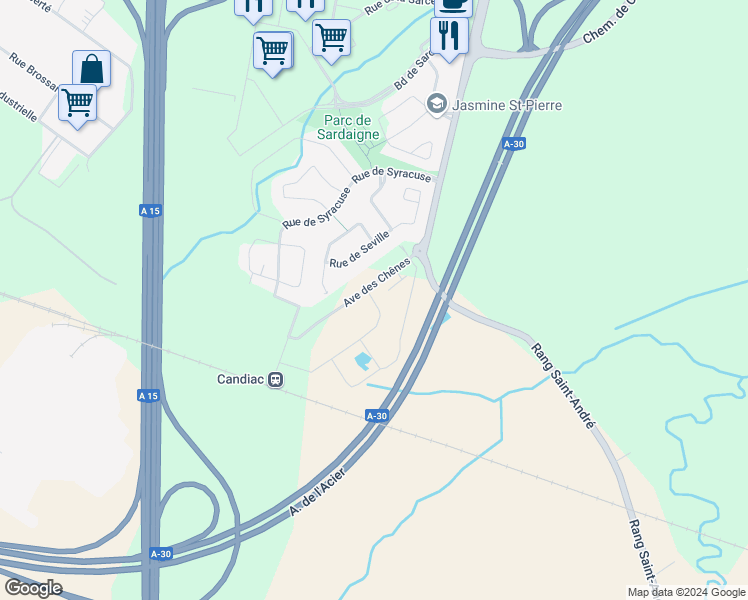 map of restaurants, bars, coffee shops, grocery stores, and more near 111 Rue des Marronniers in Candiac