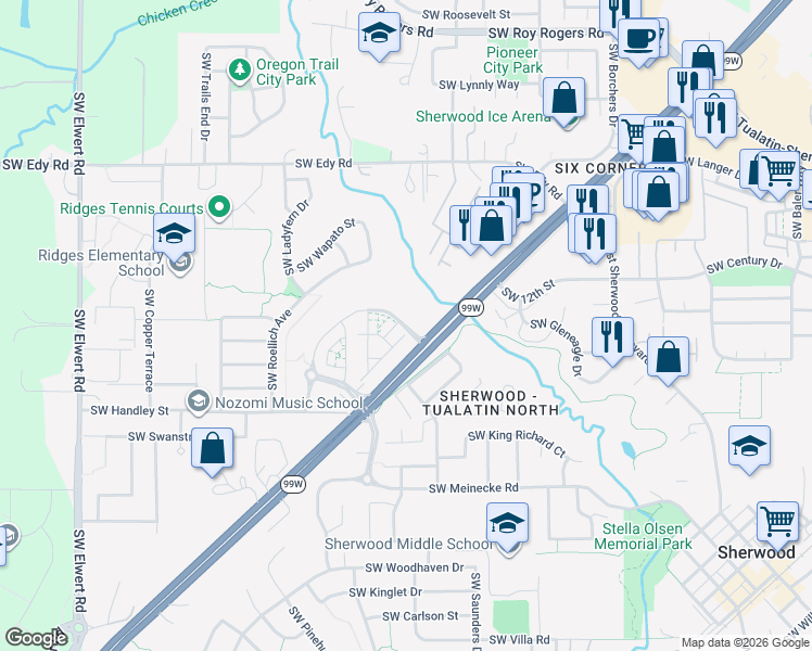 map of restaurants, bars, coffee shops, grocery stores, and more near Cedar Brook Way in Sherwood